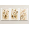 Set 3 Cuadros Living Dormitorio Flores Beige Crema Abstracto Marco Blanco