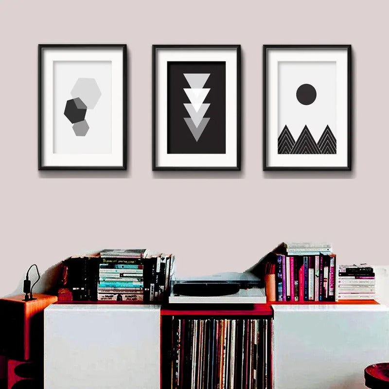 Set 3 Cuadros Geometrico Blanco Negro Escandinavo Paspartu
