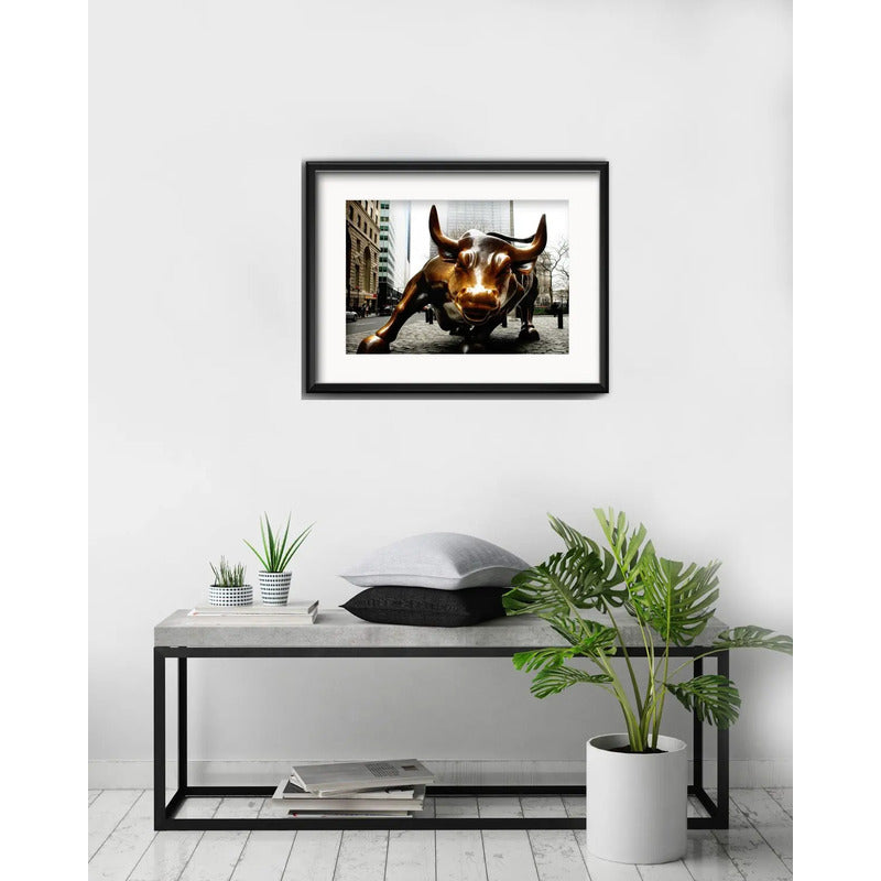 Cuadro Toro Wall Street Charging Bull 53x43cm Con Paspartú Marco Negro