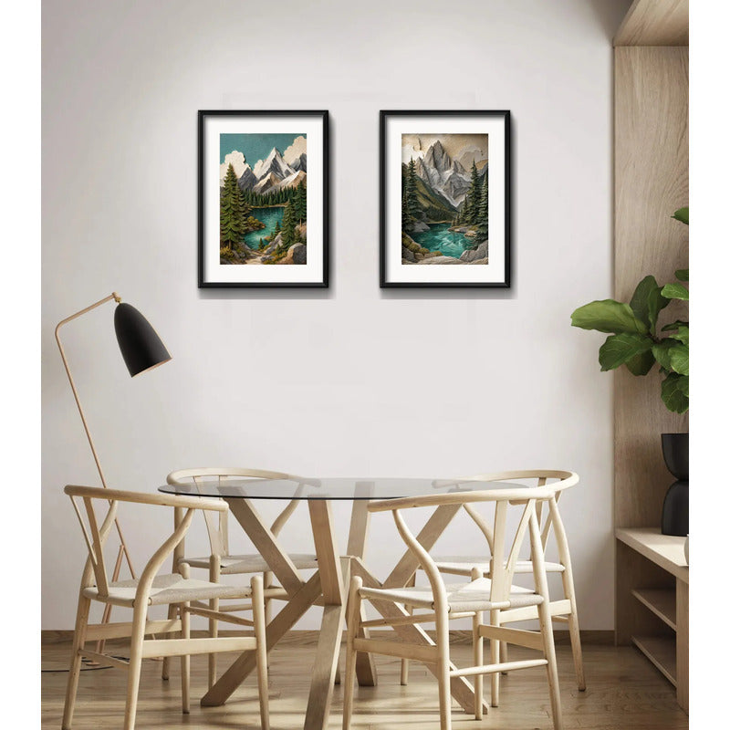 Set 2 Cuadros Paisaje Montañosa Textura 3d Brs1 Con Paspartu 43x33cm Cada Cuadro Negro