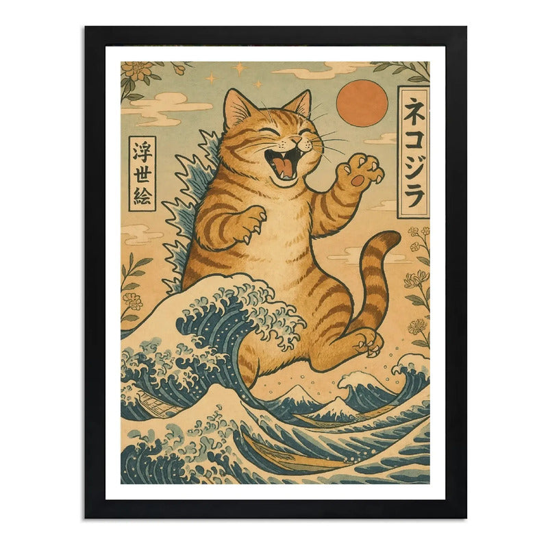 Cuadro Dormitorio Living Catzilla Gato Godzilla Ola Japón Marco Negro