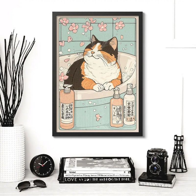 Cuadro Gato Bano Banera Arte Japonés Flores Brs2 Decoracion Marco Negro