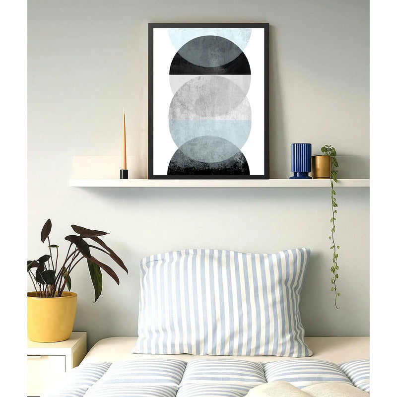 Cuadro Geometrico Abstracto Formas Boho Decoracion Moderna Celeste Azul Con Marco Negro