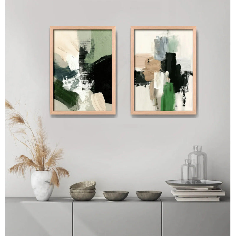 Set 2 Cuadros Dormitorio Living Abstracto Mossy Calm 2 Verde Marco Marrón Claro