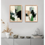 Set 2 Cuadros Dormitorio Living Abstracto Mossy Calm 2 Verde Marco Marrón Claro