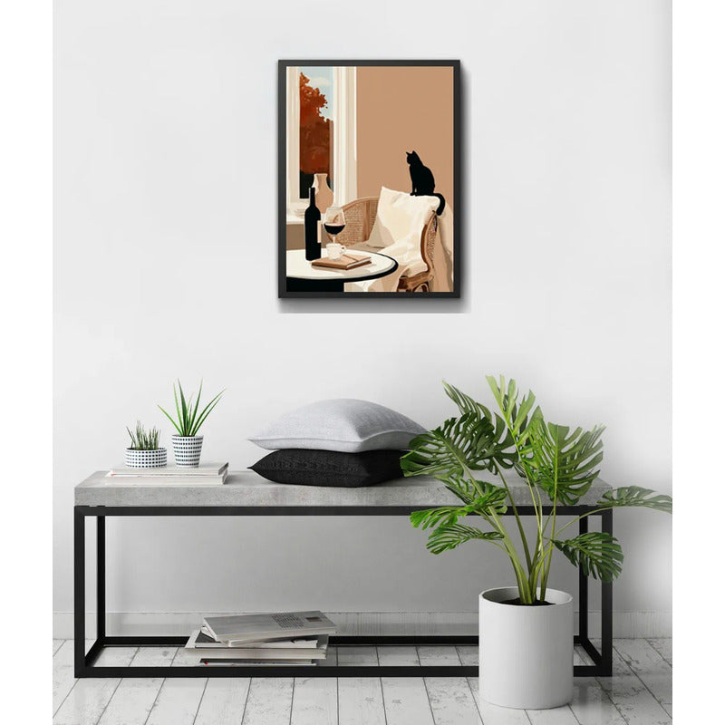 Cuadro Living Cocina Gato Vino Arte Cozy Cat Tonos Neutros Marco Negro