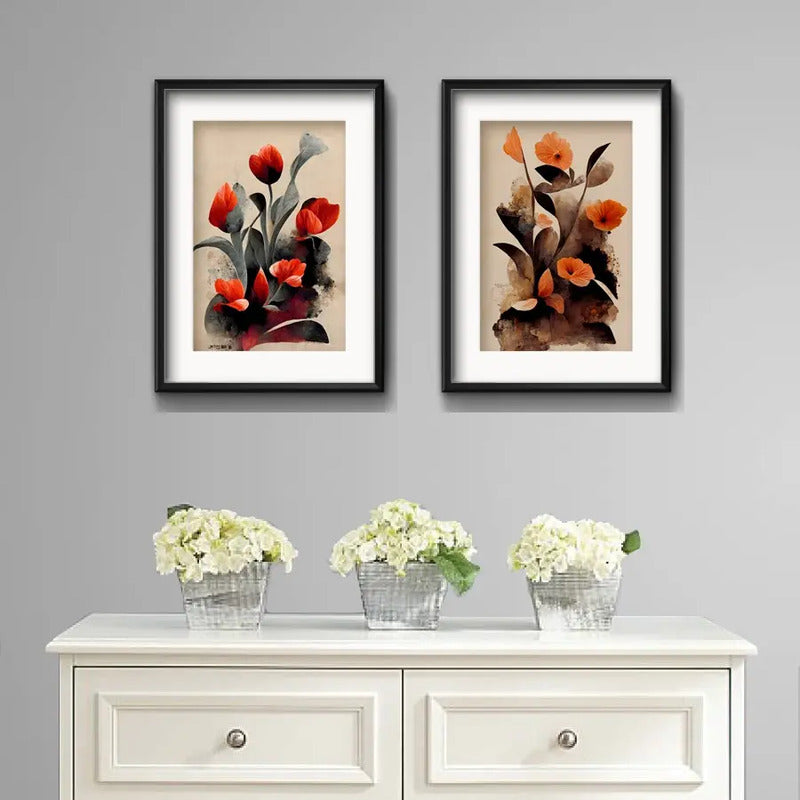 Set 2 Cuadros Flores Tulipanes Calidad Museo Con Paspartú Marco Negro