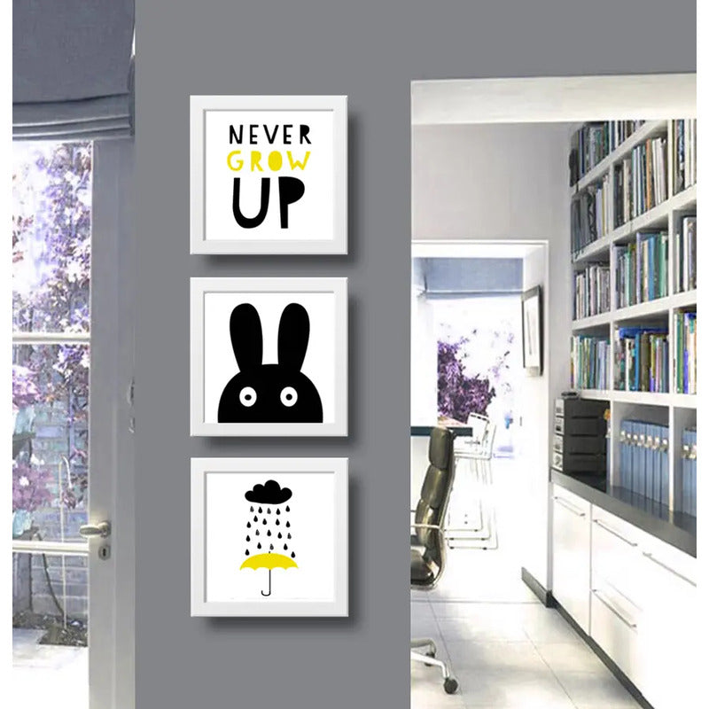 Set 3 Cuadros Conejito Frase Art Minimalista Dormitorio Niño Marco Blanco