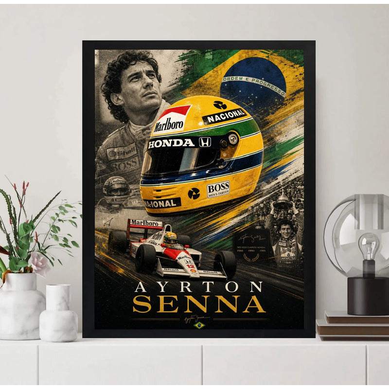 Cuadro Senna Formula 1 Auto Casco Icónico Amarillo Y Verde Marco Negro