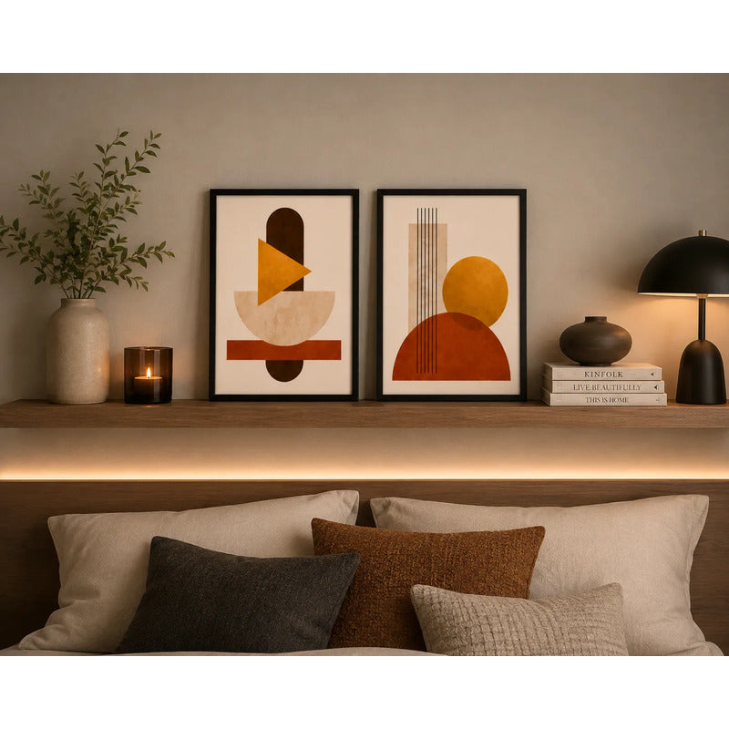 Set 2 Cuadros Dormitorio Living Boho Geometrico Tonos Tierra Marco Negro