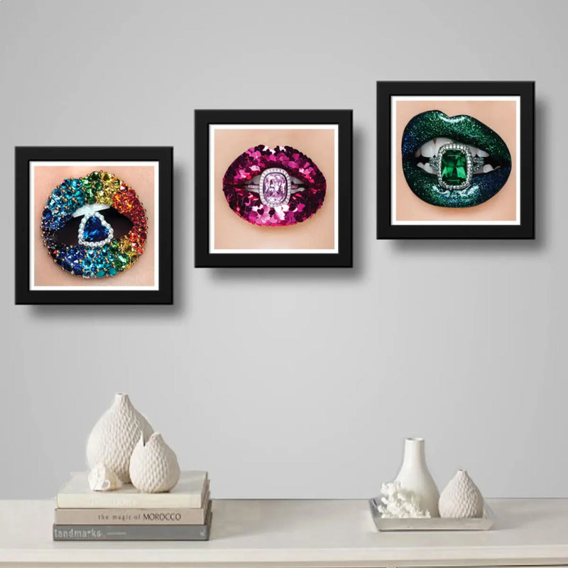 Set 3 Cuadros Fashion Boca Anillos Joyas Salon Decoración