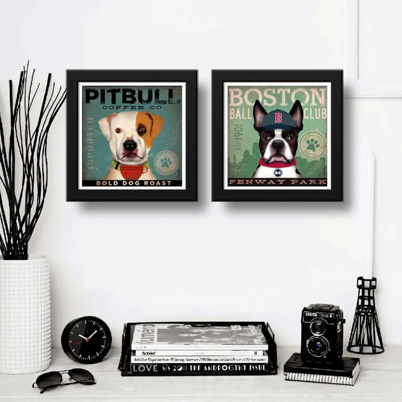 Set 2 Cuadros Perro Cafe Pitbull Boston Terrier Pet Decor