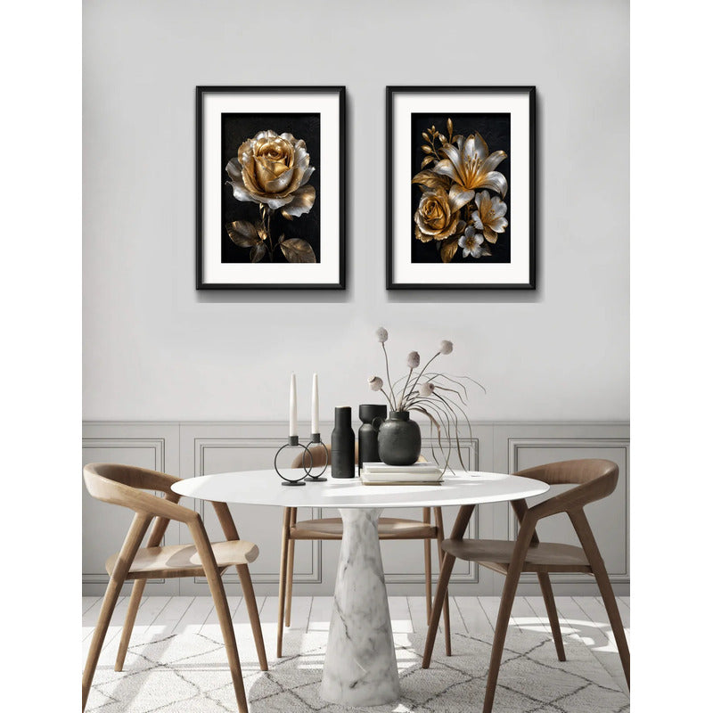 Set 2 Cuadros Flores Tonos Dorados Y Plateados Con Paspartú 53x43cm Cada Cuadro Negro