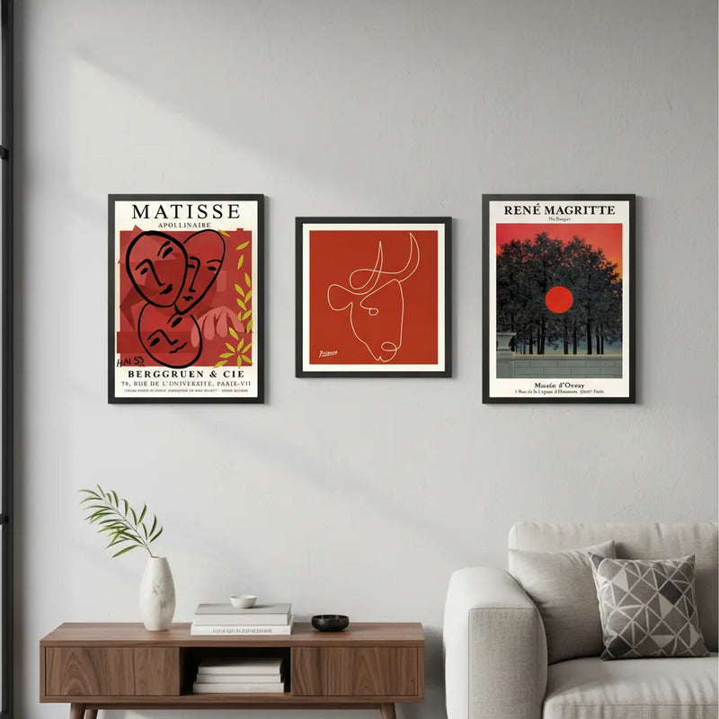 Set 3 Cuadros Para Living Cocina Estudio Tonos Rojos Red Matisse Picasso Magritte Con Marco Negro
