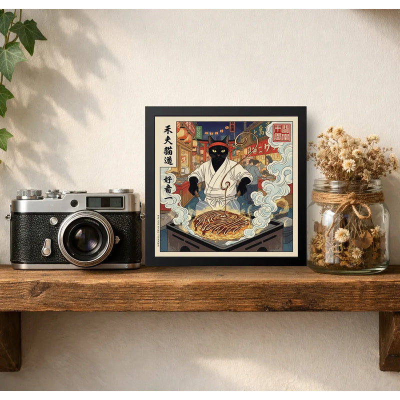 Cuadro Gato Negro Cocina Okonomiyaki Arte Japonés Coleccion Marco Negro
