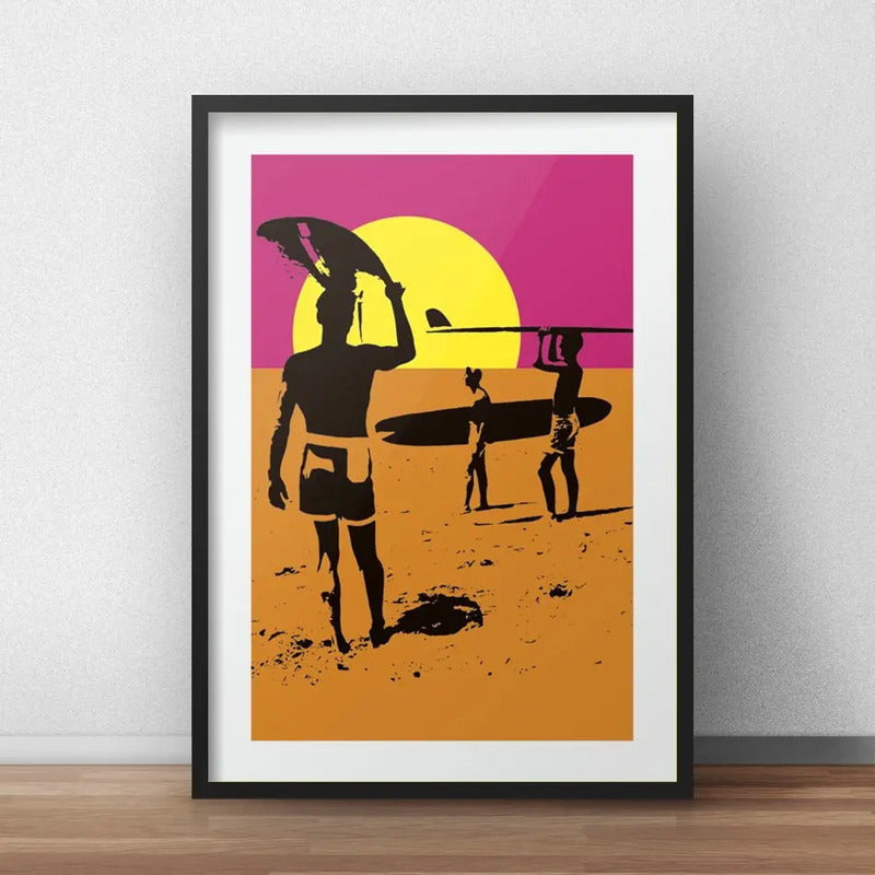 Cuadro Surf Pop Art Surfing Tabla Playa Mar Con Paspartu Marco Negro