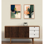 Set 2 Cuadros Dormitorio Living Abstracto Arte Verde Durazno Marco Marrón Claro
