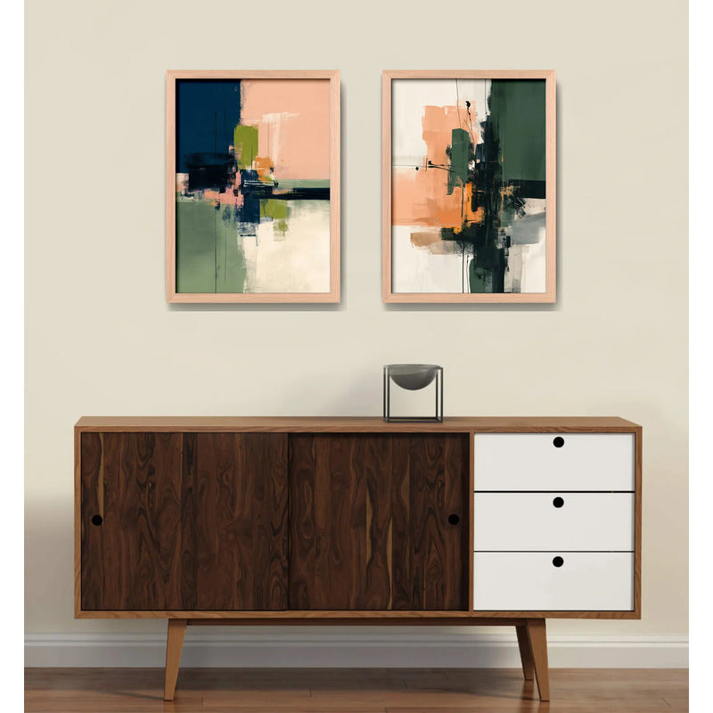 Set 2 Cuadros Dormitorio Living Abstracto Arte Verde Durazno Marco Marrón Claro