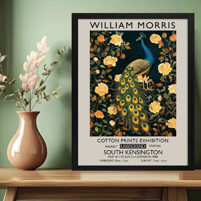 Cuadro Pavo Real Botanico William Morris Floral Ave Flores 1 Marco Marco Negro