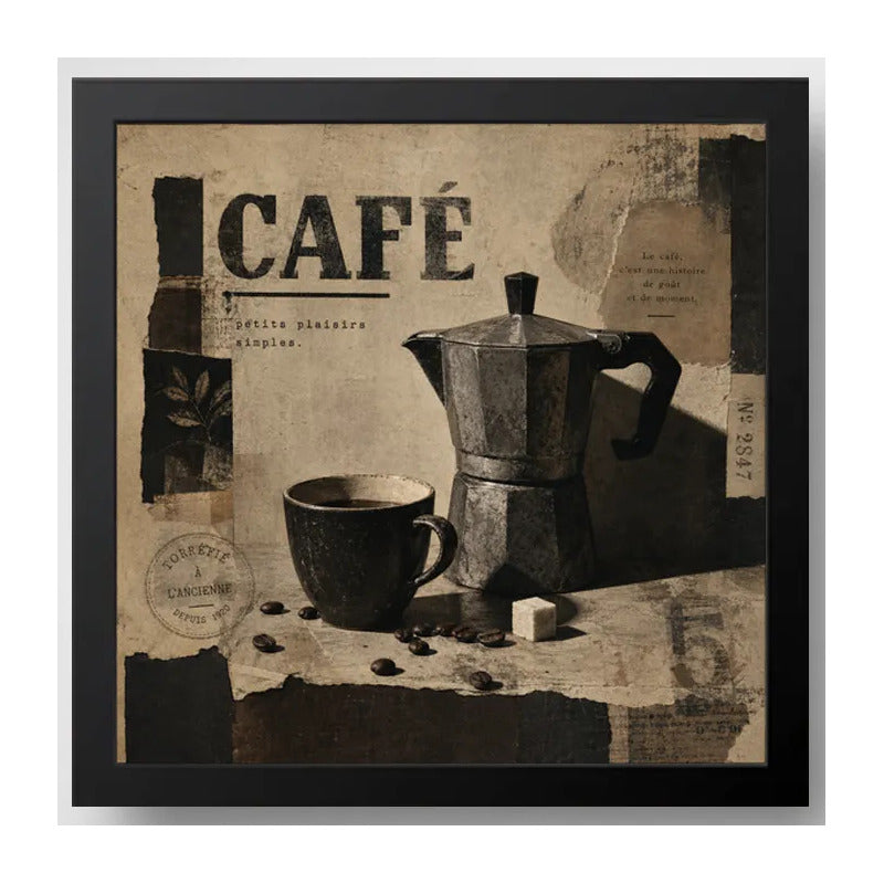 Cuadro Living Comedor Cocina Café Cafetera Moka 33x33cm Marco Negro