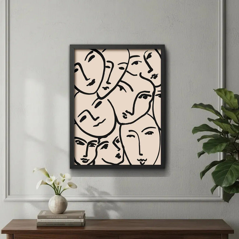 Cuadro Arte Abstracto Con Líneas De Rostro Tonos Neutros Marco Negro