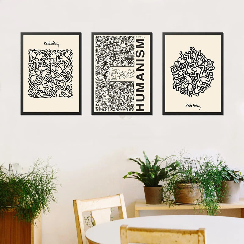 Set 3 Cuadros Keith Haring Humanism Obra Mural Street Art Marco Negro