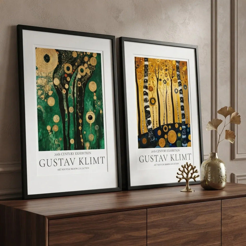 Set 2 Cuadros Gustav Klimt Árbol De La Vida Con Paspartú Marco Negro