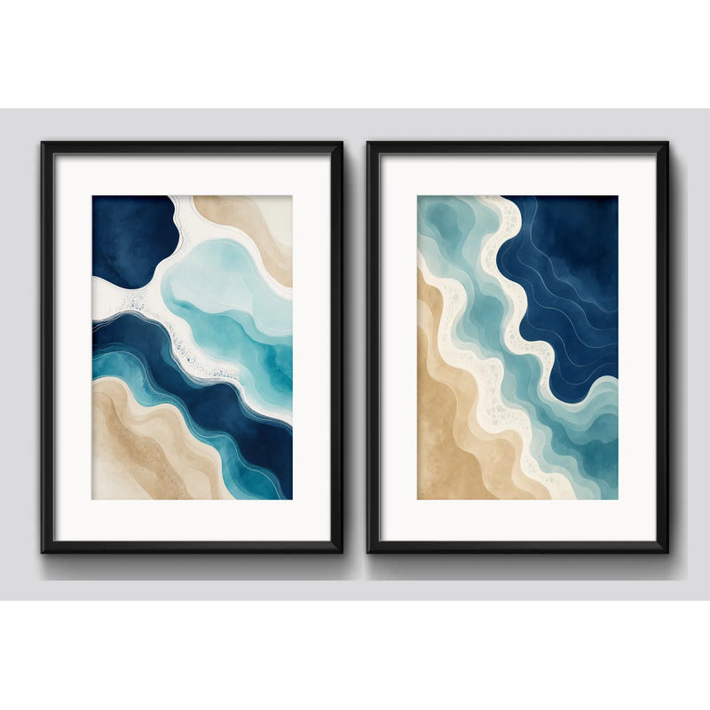 Set 2 Cuadros Paisajes De Playa Flujo Costero Con Paspartu 53x43cm Cada Cuadro Negro