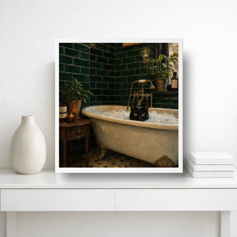Cuadro Para Decoracion Bano Gato Negro Banera De Espuma Marco Blanco