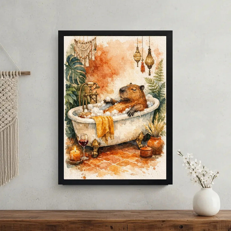Cuadro Carpincho Banera Bano Boho Botanico Arte Decoracion Marco Negro