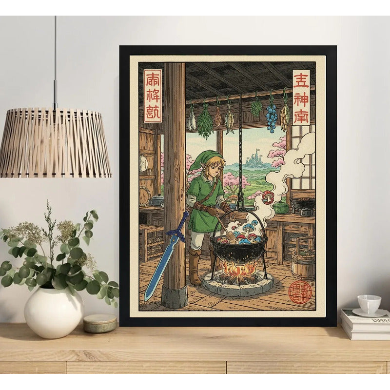 Cuadro Zelda Chef Cocina Hongos Comida Japón Game Decoracion Marco Negro
