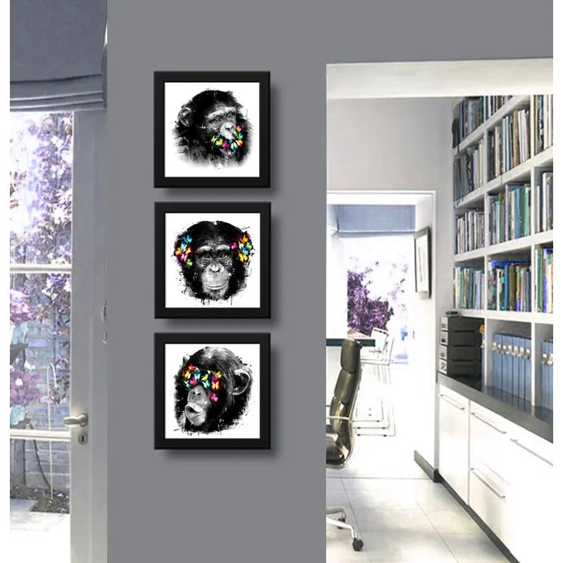 Set 3 Cuadros Monos Mariposas Pop Art Color Chimpancé Decor