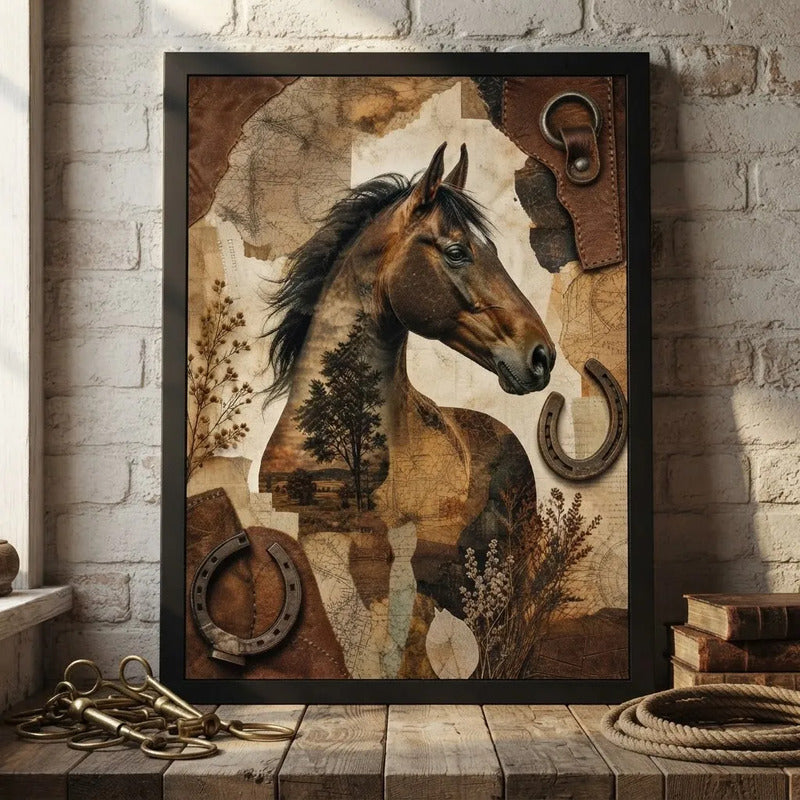 Cuadro Caballo Arboles Botanico Arte Animal Decoracion Marco Negro
