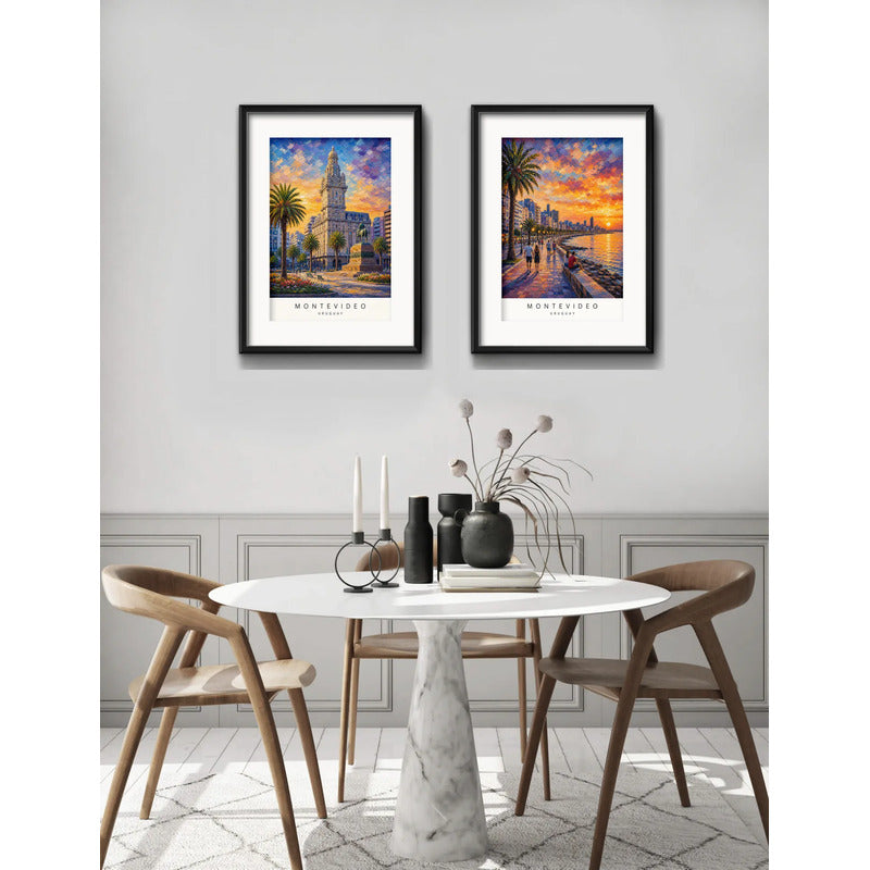 Set 2 Cuadros Montevideo Uruguay Paisajes Arte Con Paspartu 53x33cm Cada Cuadro Negro