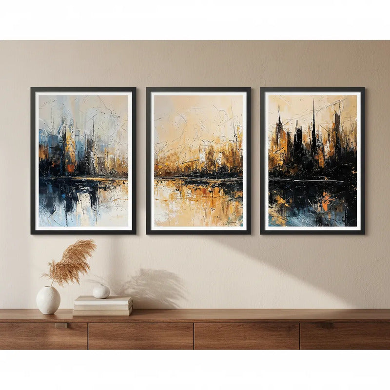 Set 3 Cuadros Skylines Horizontes Abstractos De La Ciudad Marco Negro