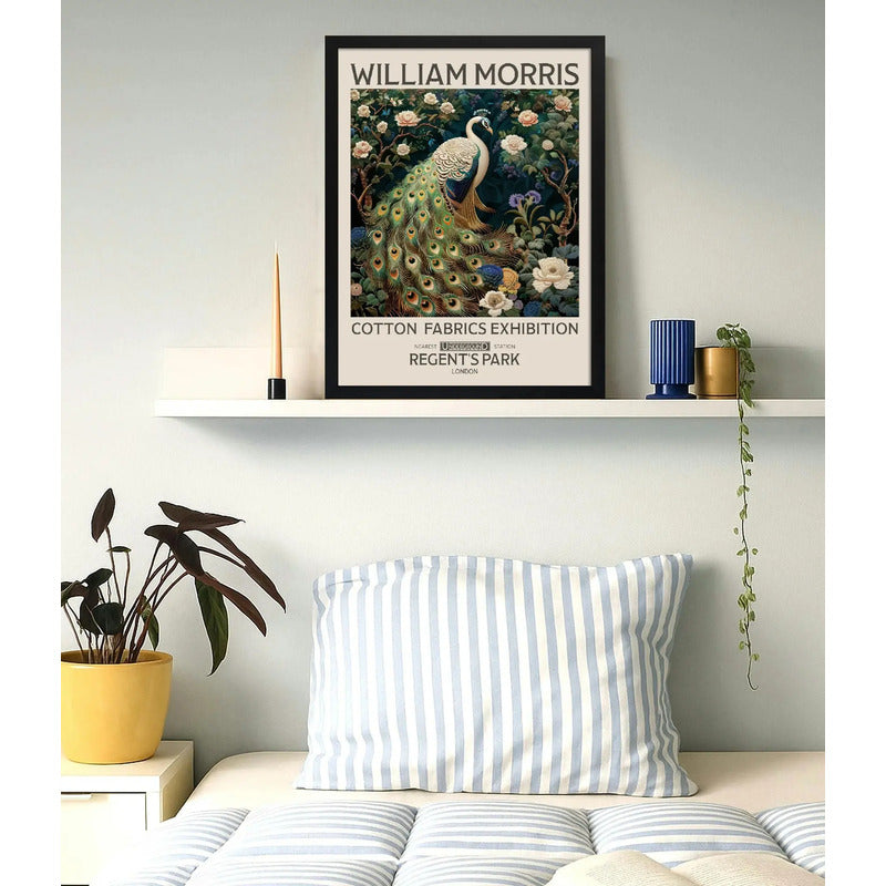 Cuadro Pavo Real Blanco Floral William Morris Botanico Flor Marco Negro