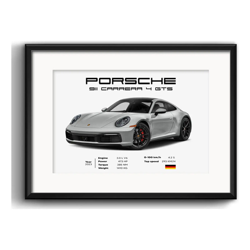 Cuadro Autos Y Camionetas Modelos Marcas Arte Con Paspartu Porsche Carrera 911 4 Gts Horizontal Con Marco Negro