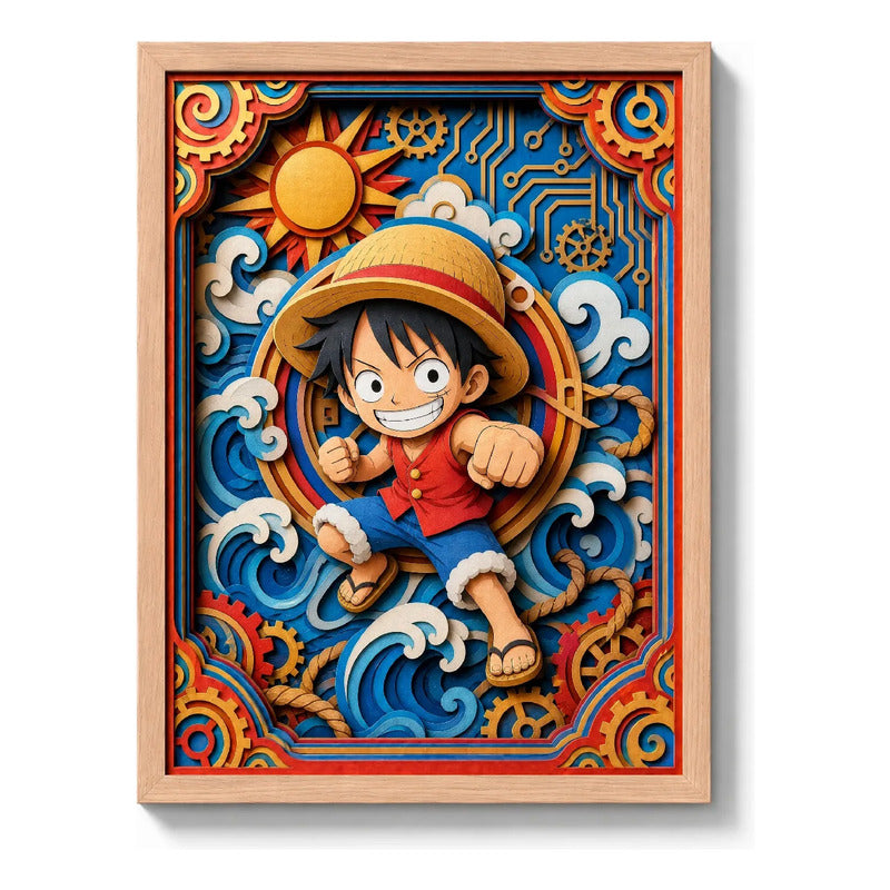 Cuadro Monkey Luffy Efecto 3d One Piece Anime Kids Japon Marco Madera Oak Madera Clara