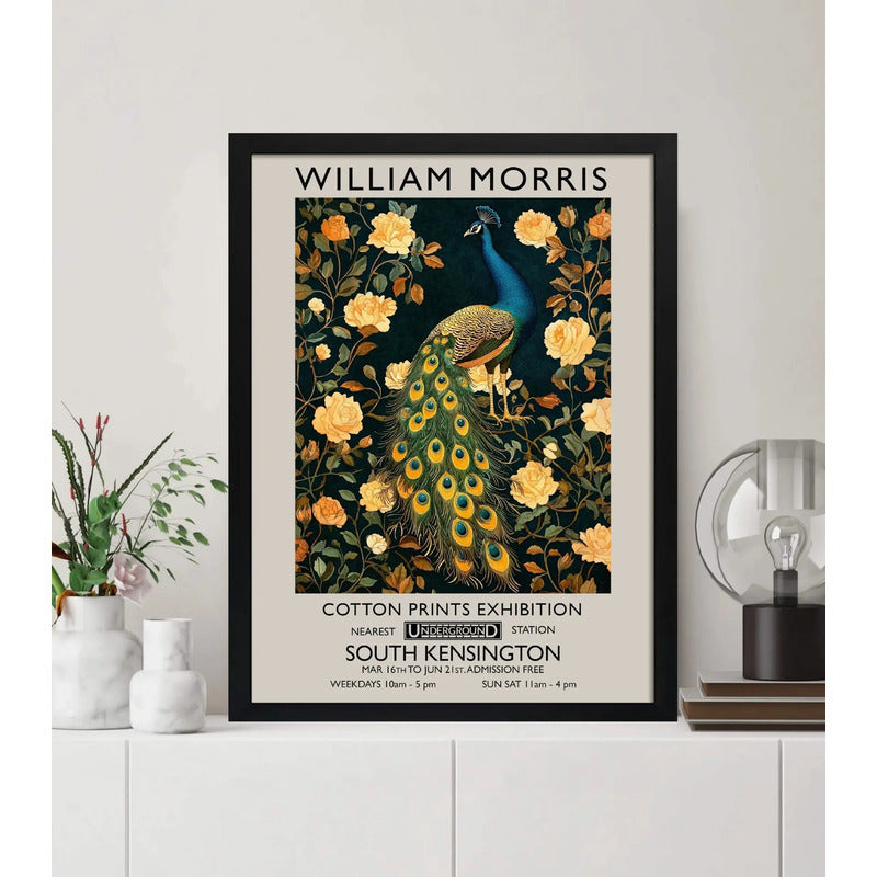 Cuadro Pavo Real Botanico William Morris Floral Ave Flores 1 Marco Marco Negro