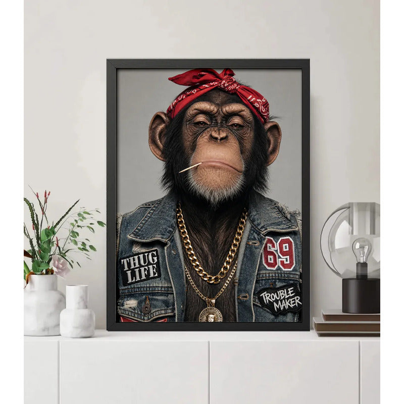Cuadro Mono Rap Con Cadena De Oro Chimp Estilo Gánster Marco Negro