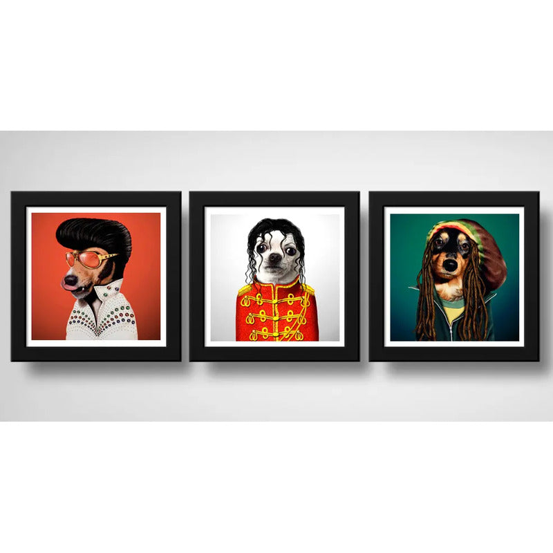 Set 3 Cuadros Perro Elvis Michal Jackson Bob Marley Pop Art