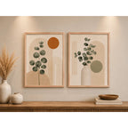 Set 2 Cuadros Living Abstracto Boho Eucalipto Beige Neutro Marco Marrón Claro