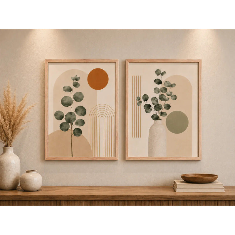 Set 2 Cuadros Living Abstracto Boho Eucalipto Beige Neutro Marco Marrón Claro