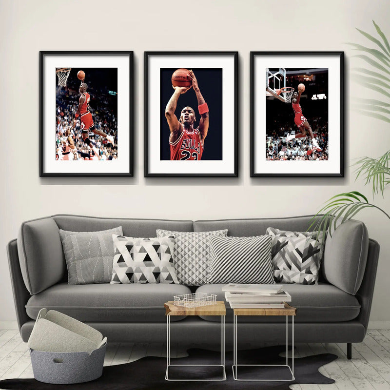 Set 3 Cuadros Michael Jordan Basket Nba 53x43cm Con Paspartu Marco Negro