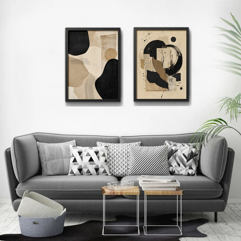 Set 2 Cuadros Living Boho Arte Abstracto Beige Crema 53x43cm Marco Negro