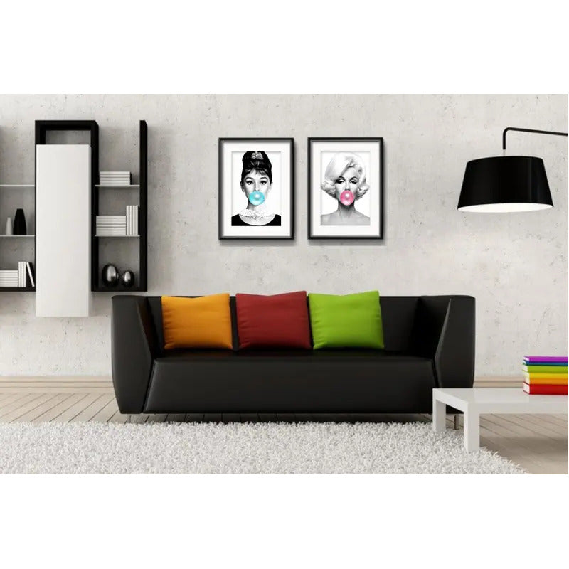 Set 2 Cuadros Monroe Hepburn Blanco Y Negro Chicle Paspartu