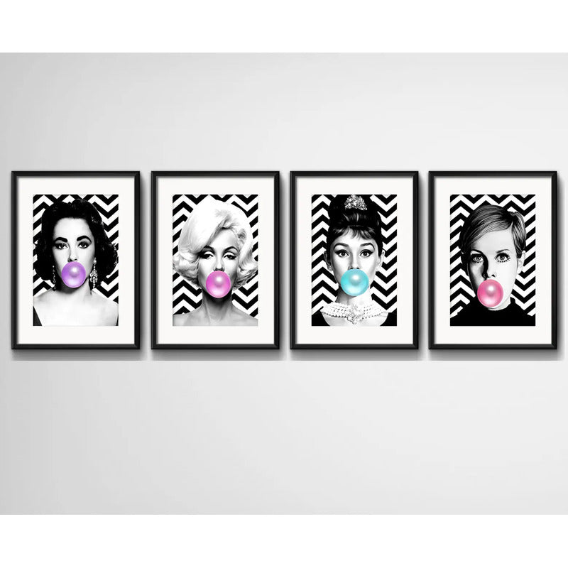 Set 4 Cuadros Marilyn Audrey Twiggy Taylor Chicle Paspartú