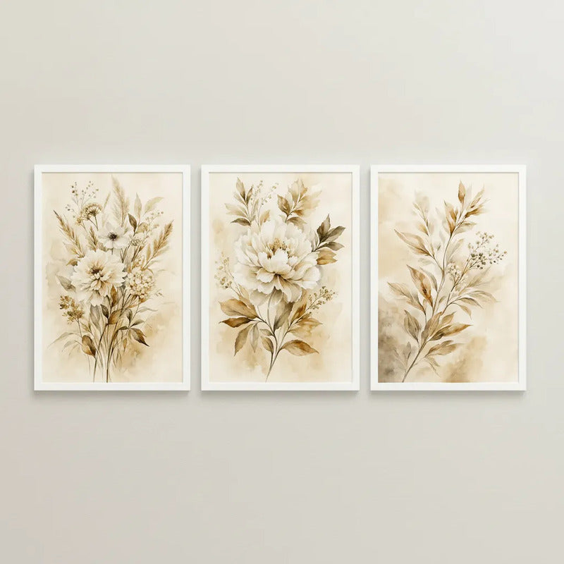 Set 3 Cuadros Living Dormitorio Flores Beige Crema Abstracto Marco Blanco