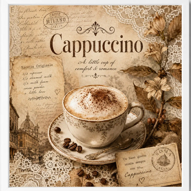 Cuadro Living Comedor Cocina Café Cappuccino Vintage 33x33cm Marco Blanco