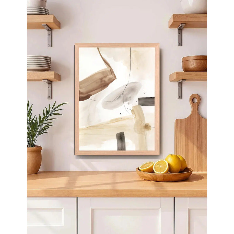 Cuadro Dormitorio Living Boho Abstracto Beige Acuarela Oak Marco Marrón Claro